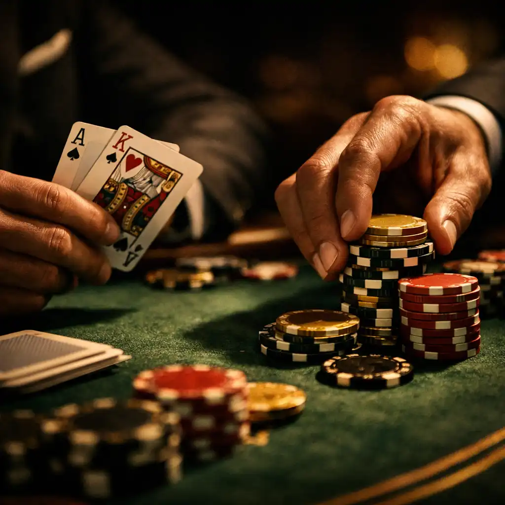 Zbliżenie na stół pokerowy i żetony